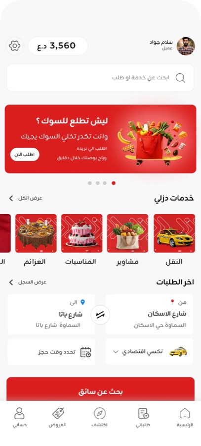 Dizli customer app: ride request and service categories.