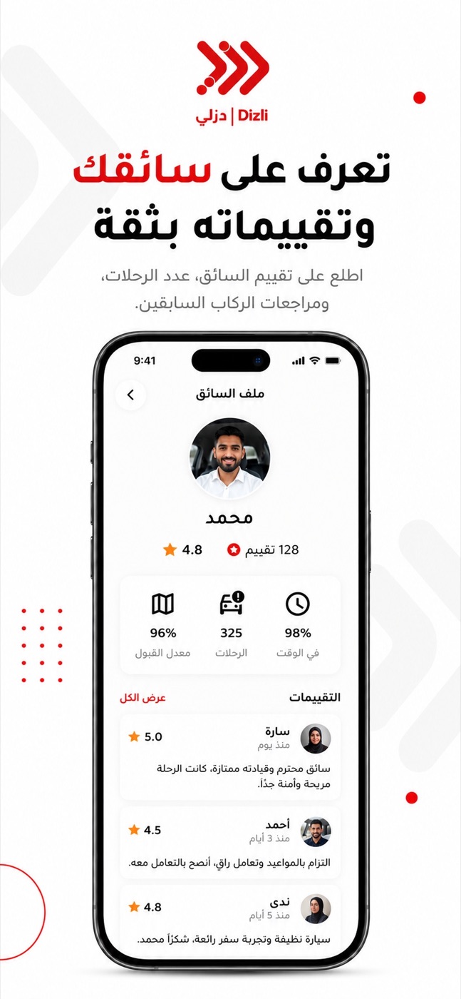 Dizli driver profile with ratings and trip history.